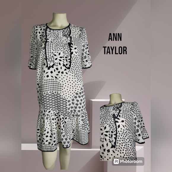 Ann Taylor size 8 BLK & WHT ruffle shift dress short sleeve - Picture 3 of 7